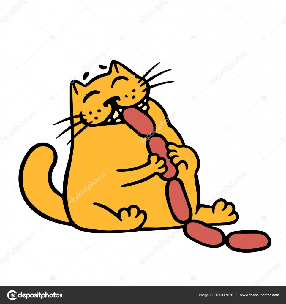 Gatto arancione mangia salsicce Carattere divertente del fumetto fresco Contorno a mano libera digitale disegno gatto sveglio Sfondo di colore bianco