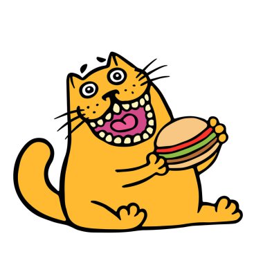 Karikatür turuncu kedi bir hamburger yiyor. İzole vektör çizim.