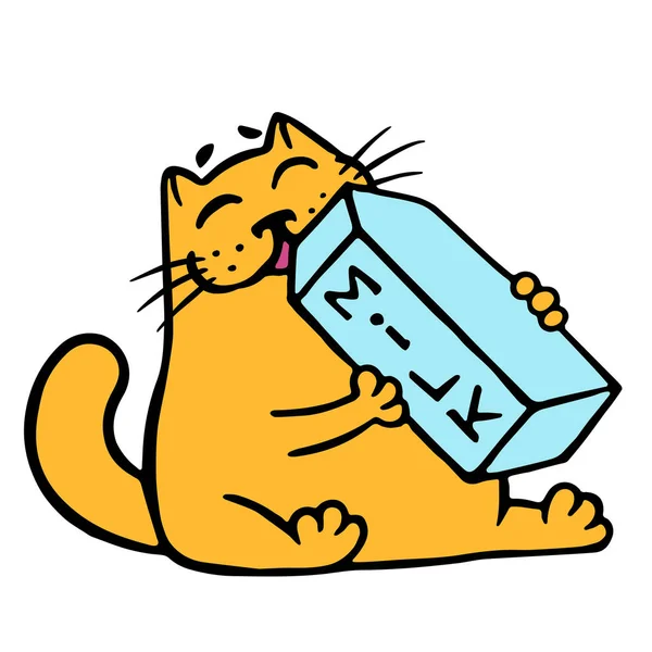 Cartoon oranje kat is het drinken van melk. Geïsoleerde vectorillustratie. — Stockvector