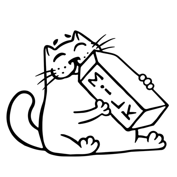Κινούμενα σχέδια γάτα πίνει γάλα. Απομονωμένη διανυσματικά εικονογράφηση. — Διανυσματικό Αρχείο