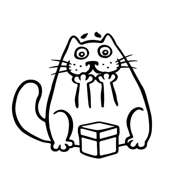 Carino gatto gode il regalo nella scatola. Illustrazione vettoriale . — Vettoriale Stock