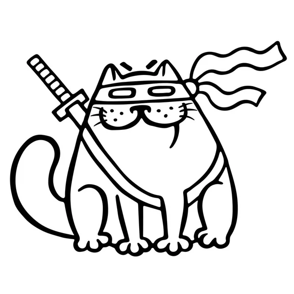 Vet ninja kat in een masker en een zwaard achter hem. Geïsoleerde vectorillustratie. — Stockvector