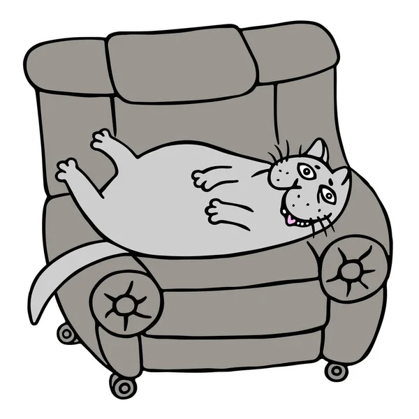 Dibujos animados gato gordo gris perezoso está acostado en un sillón. Ilustración vectorial . — Archivo Imágenes Vectoriales