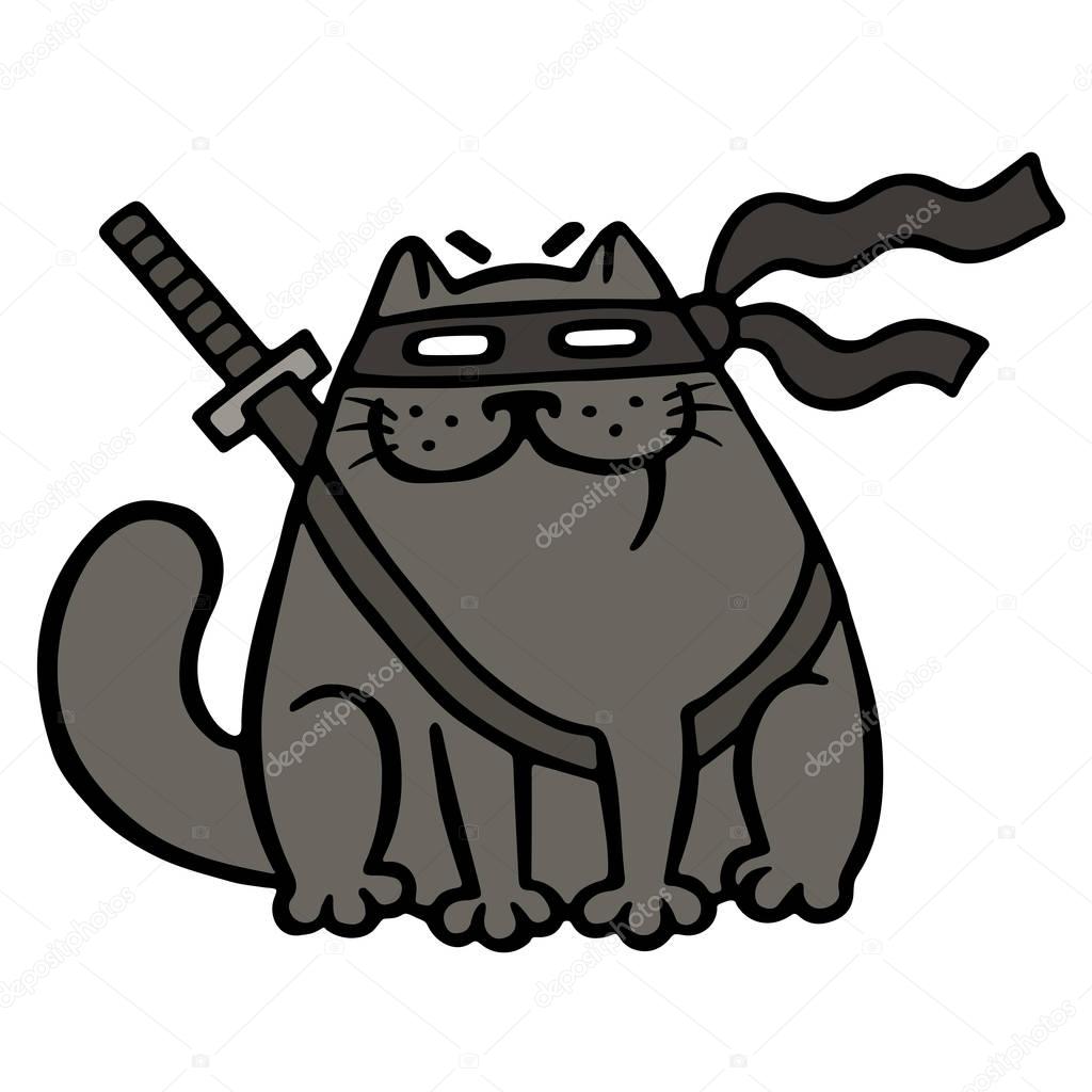 Cartoon fat ninja cat in a mask and a sword. Isolated vector illustration.