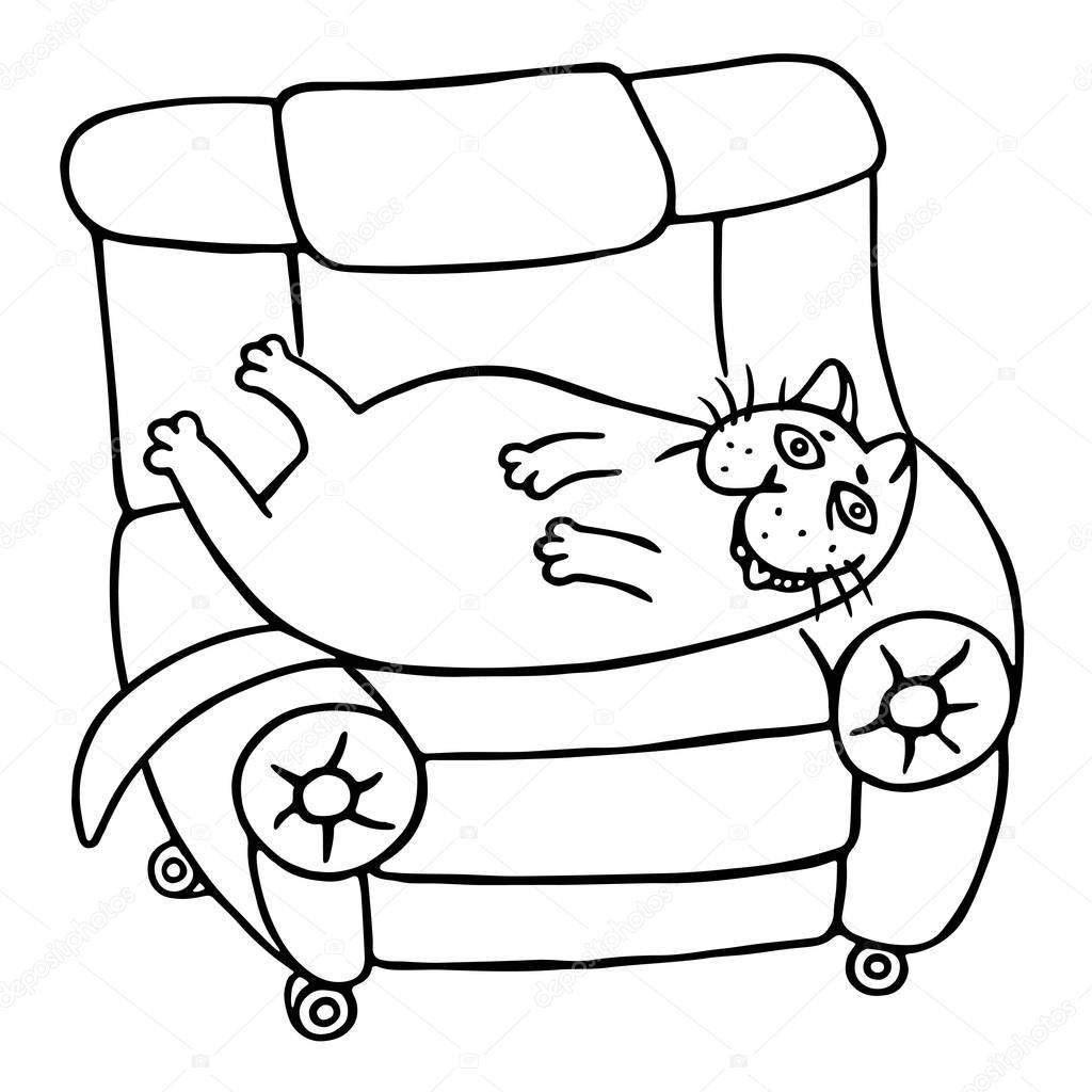 A lazy fat cat is lying on a armchair. Funny cartoon cool character. Isolated vector illustration. White color background.