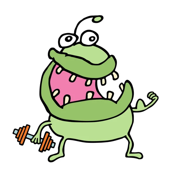 Monstruo verde de dibujos animados mantiene una mancuerna. Ilustración vectorial . — Vector de stock