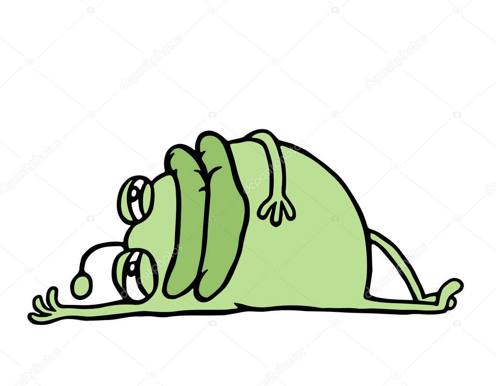 Cartoon green germ resting lying down after meal. Vector illustration.