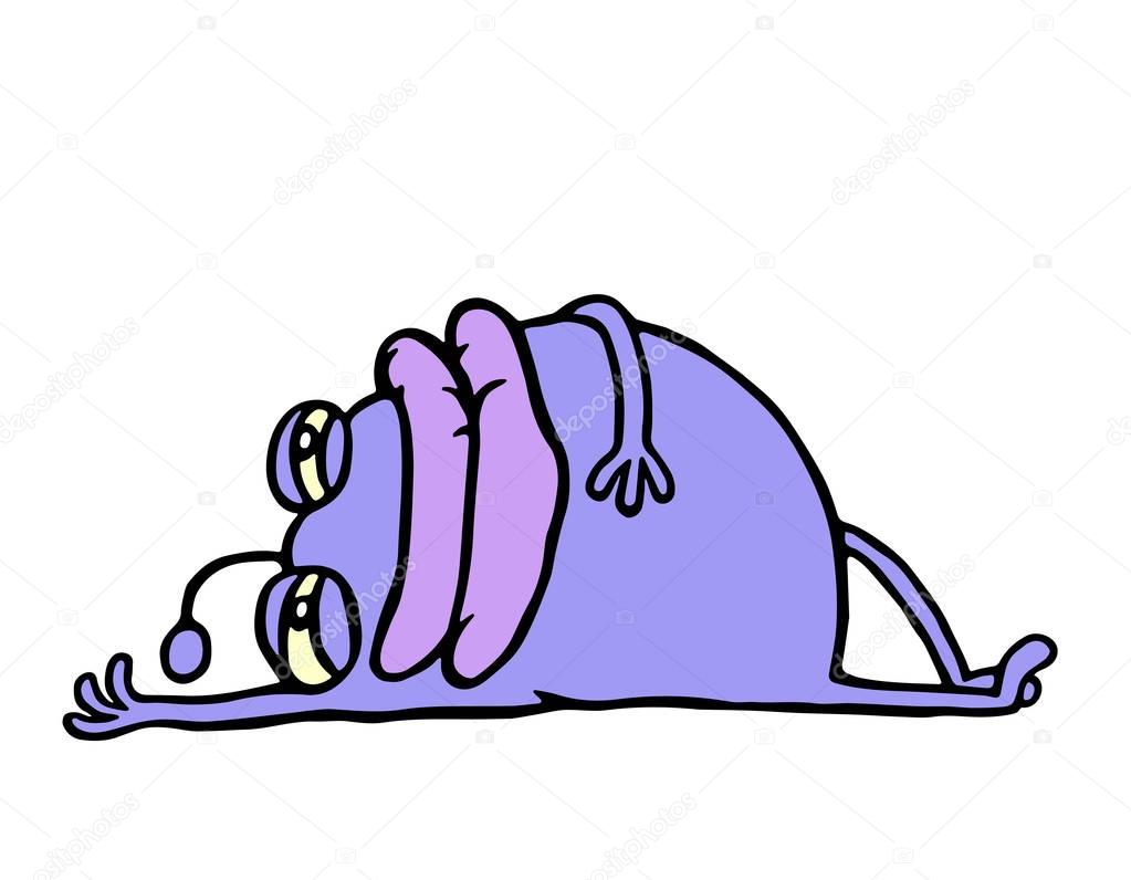 Cute purple alien resting lying down. Vector illustration.