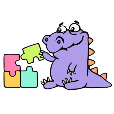 Çizgi film mor timsah ile bulmacalar oynamak. Vektör çizim.