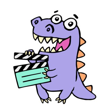 Film clapper kurulu ile mutlu mor ejderha. Vektör çizim.