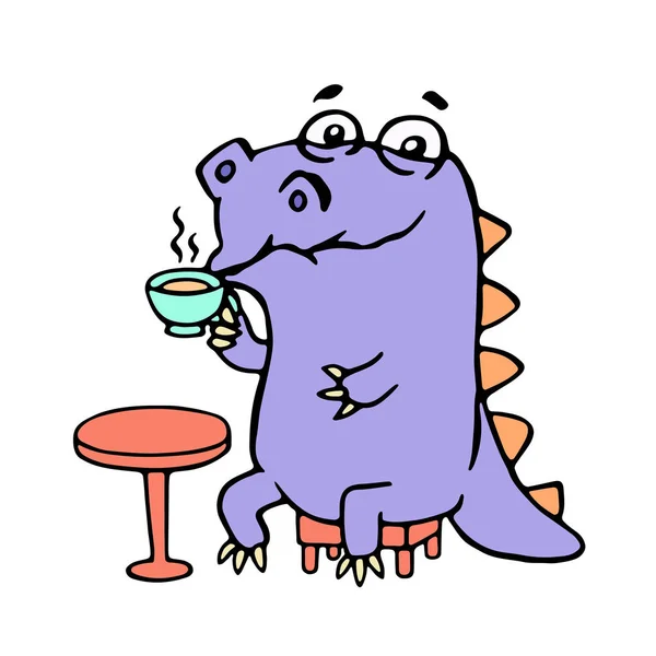 Cartoon roxo croc beber café. Ilustração vetorial . — Vetor de Stock