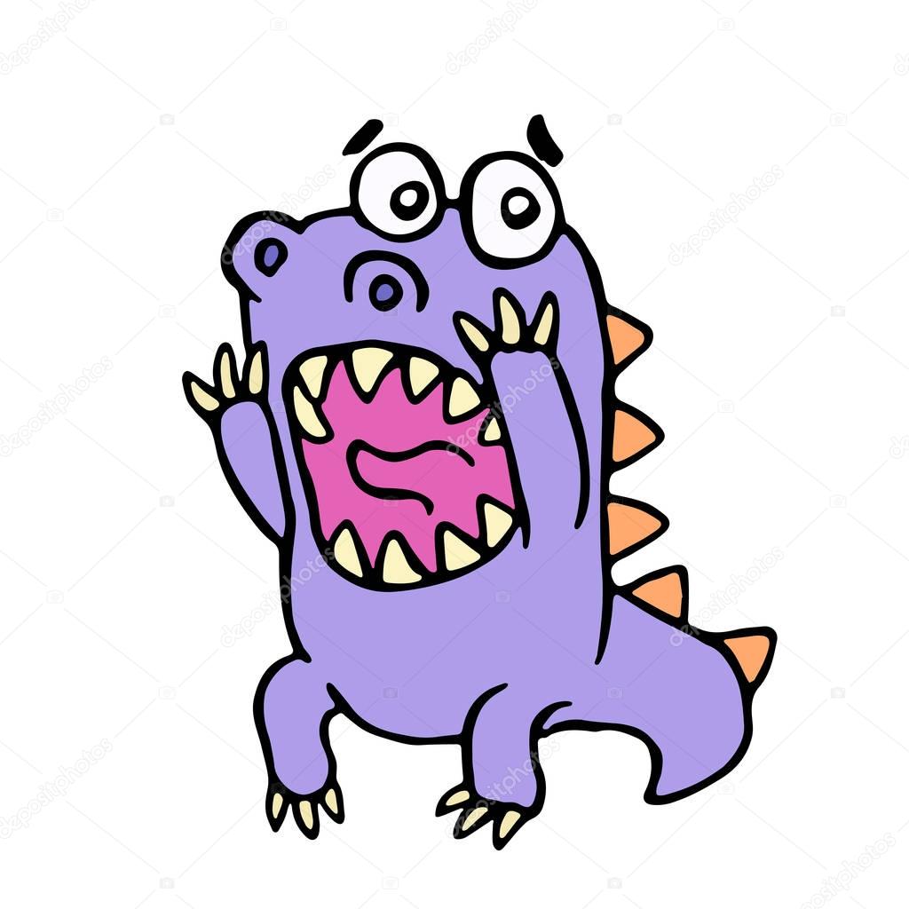 Cute purple dragon in panic. Vector illustration.