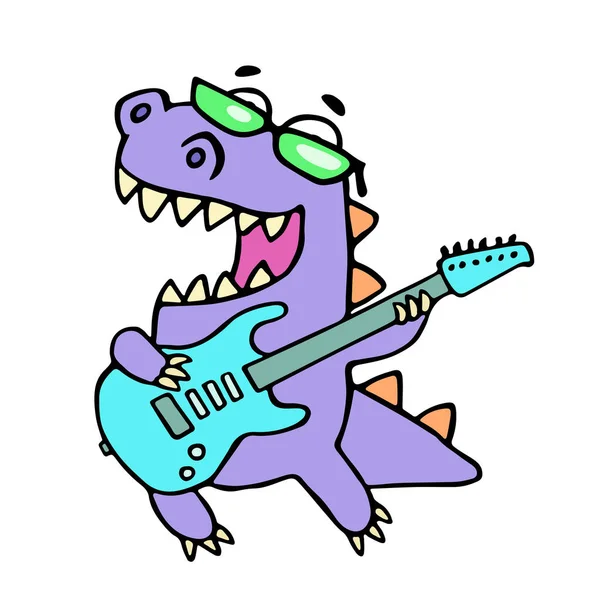 Dragão feliz tocando guitarra elétrica em óculos pretos. Ilustração vetorial . — Vetor de Stock