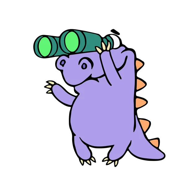 Caricatura cocodrilo púrpura mirando a través de binoculares. Ilustración vectorial . — Vector de stock