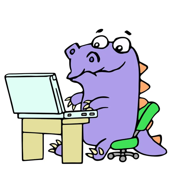Caricatura croc jugador jugado en el ordenador portátil. Ilustración vectorial . — Vector de stock