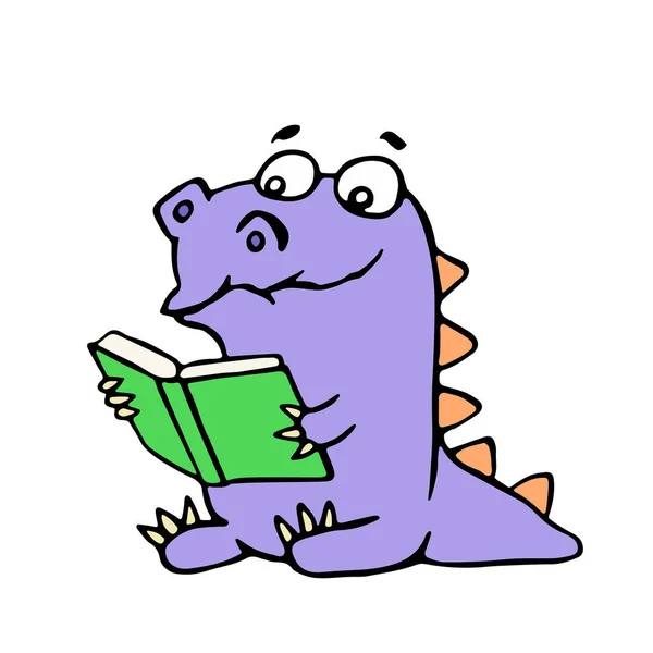 Glücklicher lila Drache sitzt und liest ein Buch mit Brille. Vektorillustration. — Stockvektor