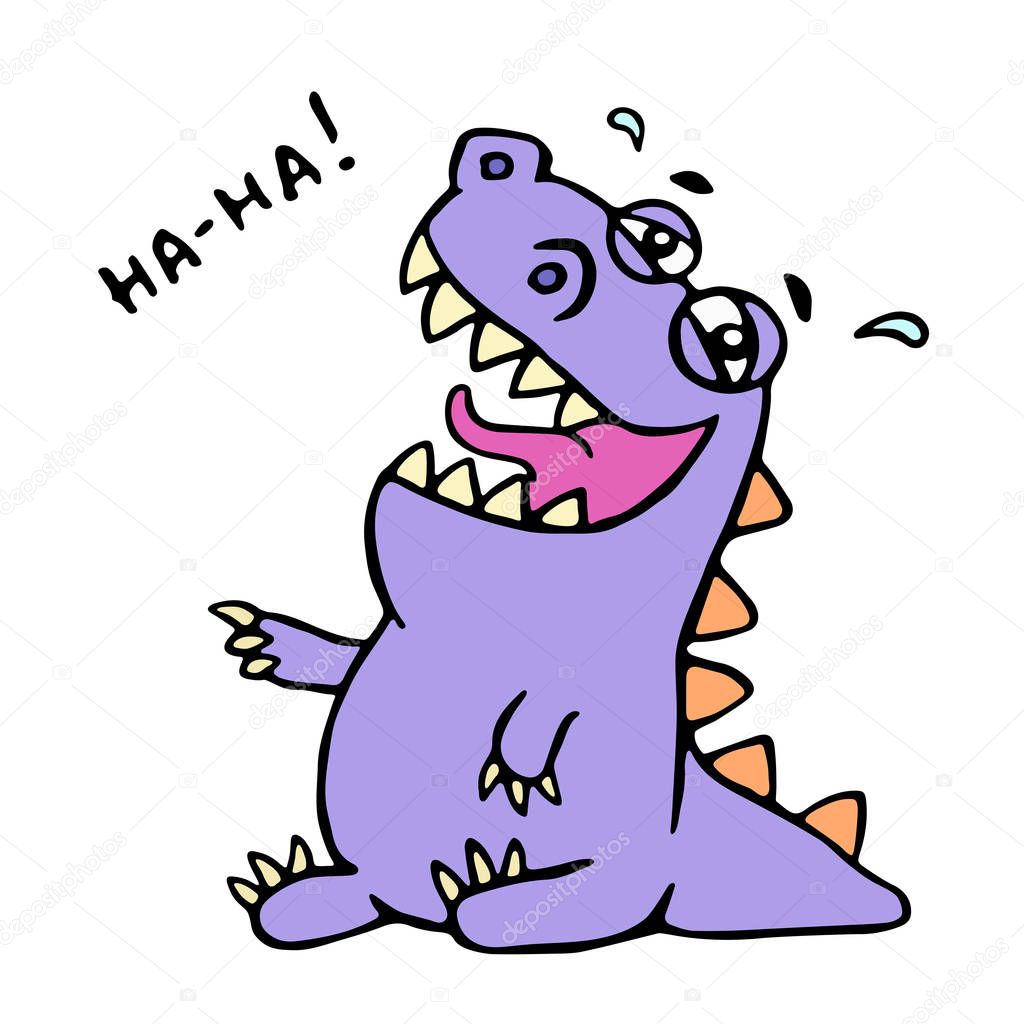Cute purple dragon funny laughs. Vector illustration.