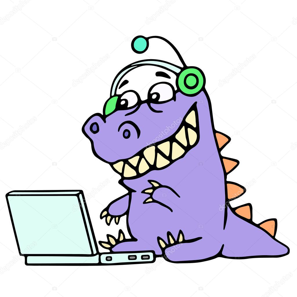 Cartoon blogger croc played on laptop. Vector illustration.