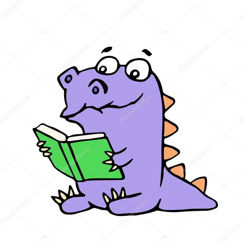 Happy purple dragon sits and reads a book with glasses. Vector illustration.