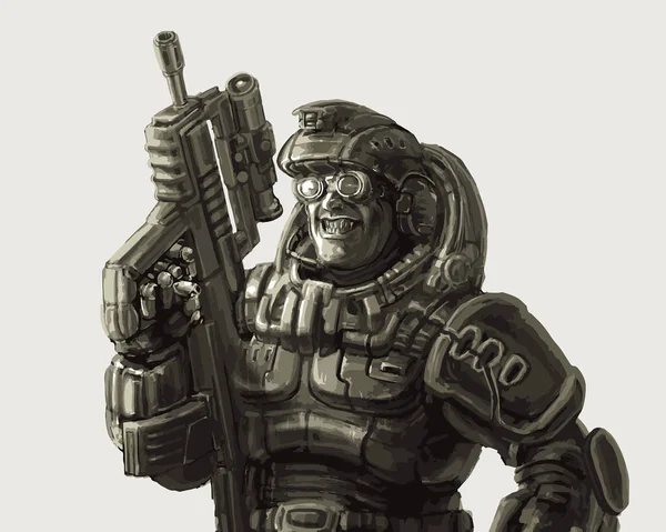 Génial soldat en costume fantastique avec un fusil. Illustration vectorielle . — Image vectorielle