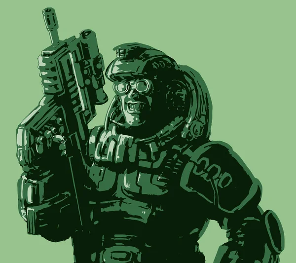 Gloatingly leende soldat i kostym med ett gevär. Vektorillustration. — Stock vektor