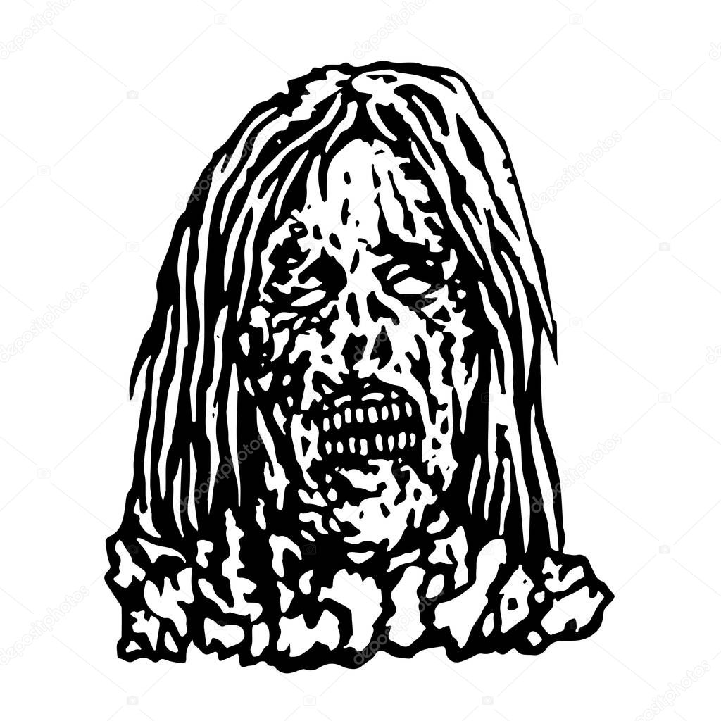 Terrible head of zombie woman. Vector illustration.