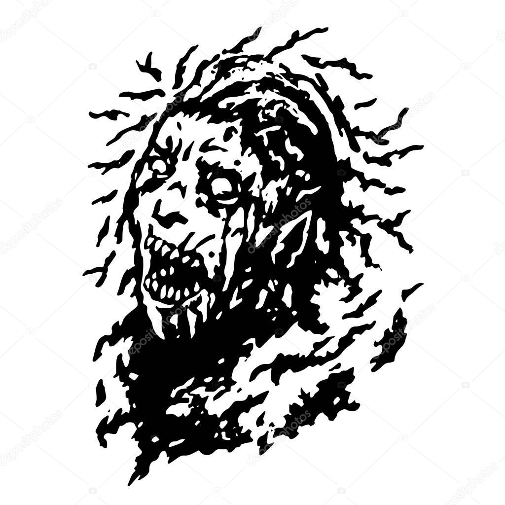 Scary head of zombie woman with disheveled hair. Vector illustration.