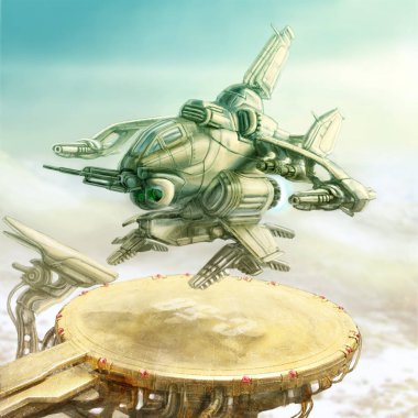 Uzay mekiği iniş bölgesinden çıkartıyor. Bilim kurgu illüstrasyon.