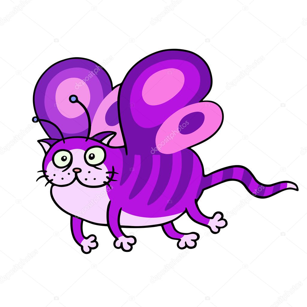Cartoon fairy purple cat flight. Cute fur character. Vector illustration.