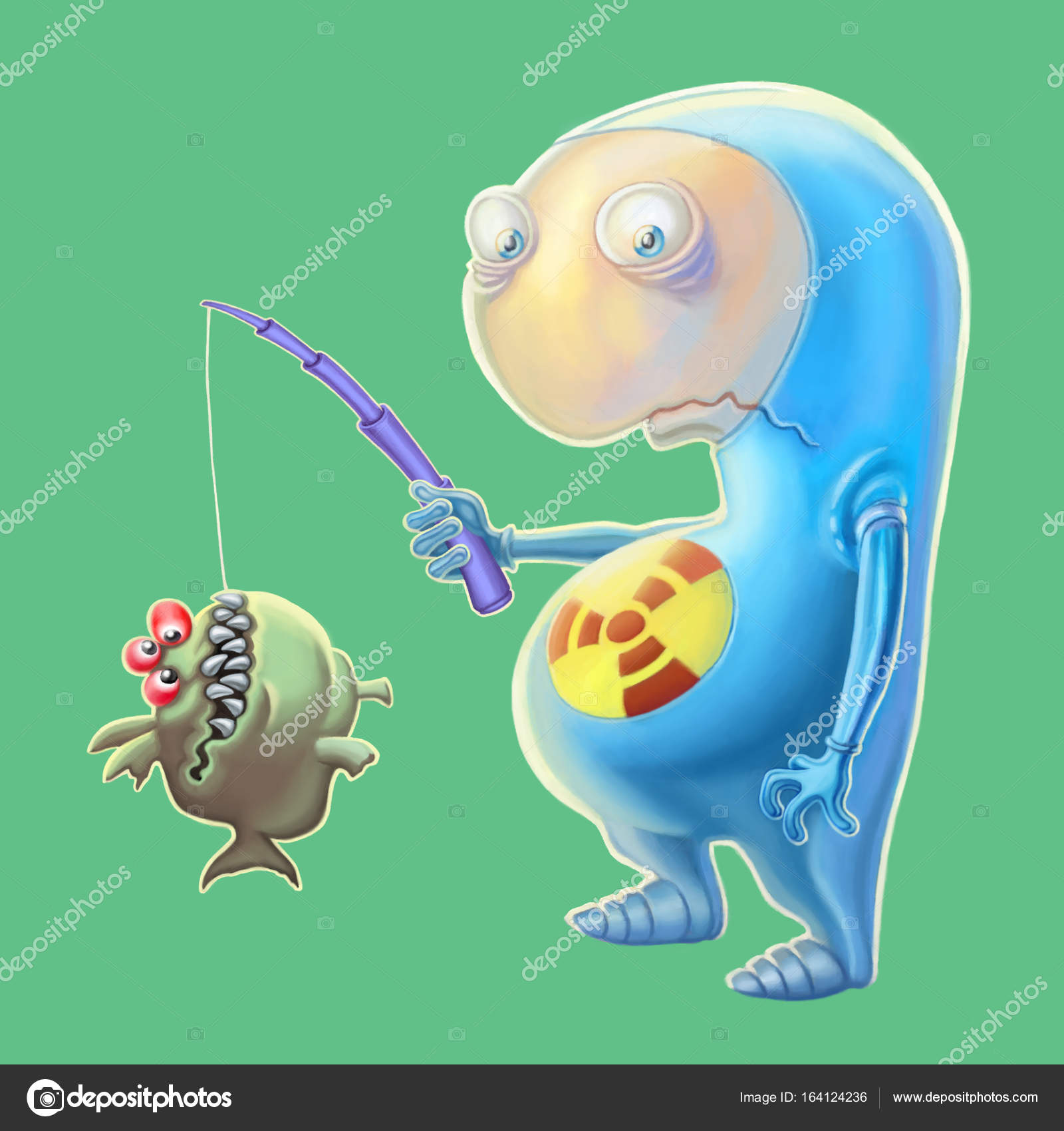 Cute alien has caught fish. Cartoon illustration. Stock Illustration by  ©likozor #164124236