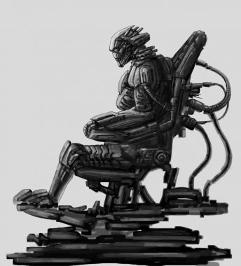 Dark alien astronaut sits on his iron throne. Science fiction illustration. clipart