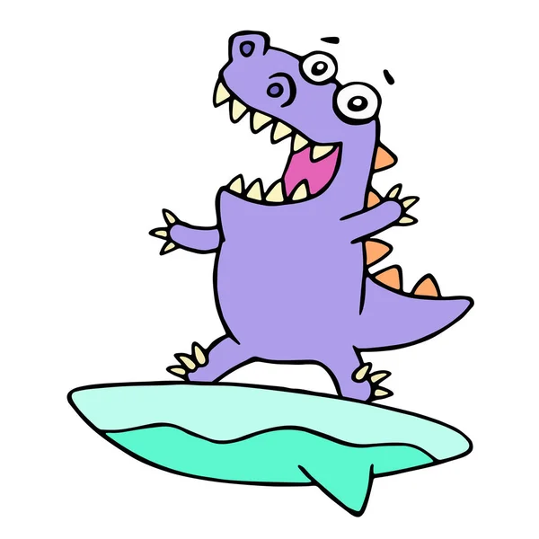 Surfista de dinossauro roxo dos desenhos animados na prancha de surf pegou uma onda.. ilustração vetorial . — Vetor de Stock