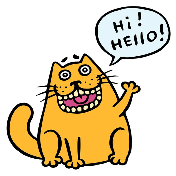 Komik bulaşıcı kedi "Merhaba" diyor. Konuşma bulut. Vektör çizim. — Stok Vektör