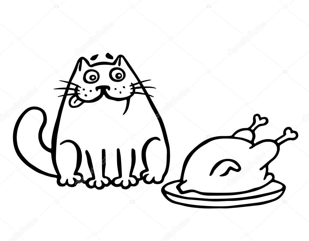 Cute cat and fried chicken on the table. Isolated vector illustration.