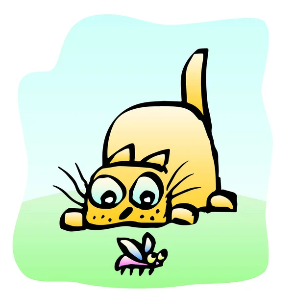 Lindo gato amarillo se aprovecha del escarabajo. ilustración vectorial — Archivo Imágenes Vectoriales
