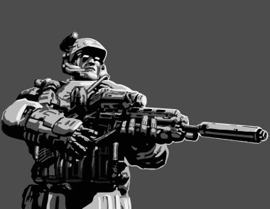Night hunter with assault rifle. Vector illustration. clipart