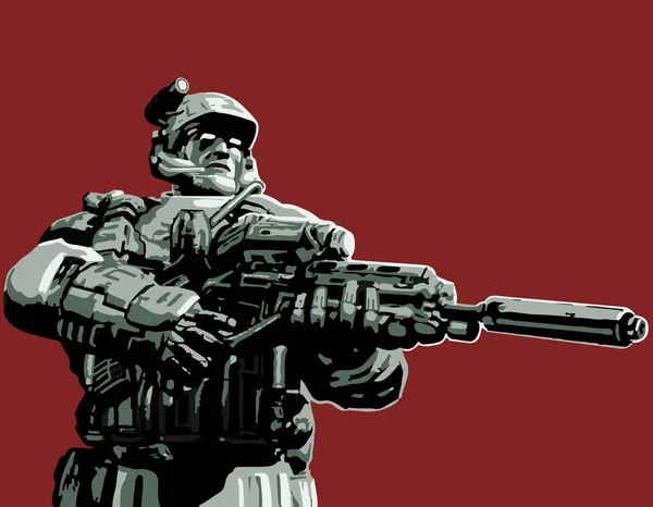 Le soldat en costume avec un fusil à plasma. Illustration vectorielle . — Image vectorielle