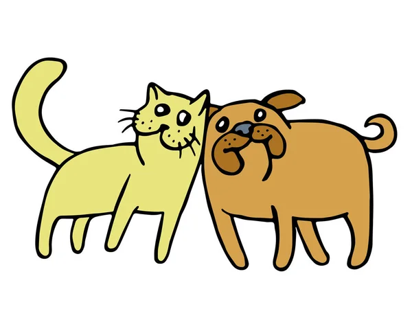 Persahabatan antara kucing dan anjing. Ilustrasi vektor . - Stok Vektor