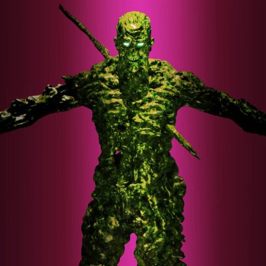 Öfke iblis mavi bir ışık ışını içinde duruyor. 3D çizim.