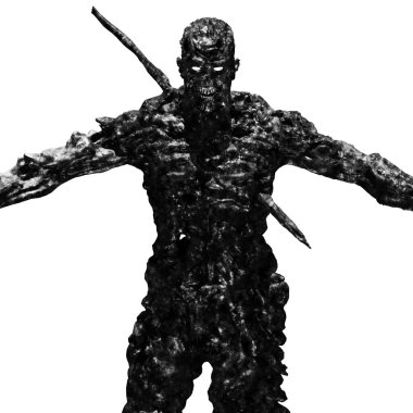 Bir korkunç zombi canavar uzanmış silah ile duruyor. 3D Hüseyin