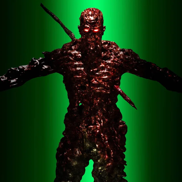 Zombi tarafından demir armatür deldi. Yeşil ışık ışını. 3D illus