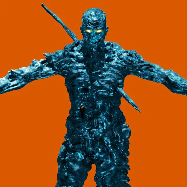 Korkutucu bir iblis bir ışık ışını içinde duruyor. 3D çizim.