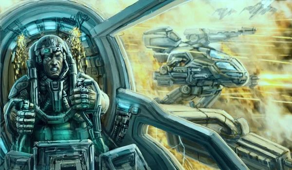 Pilot i en rymddräkt inne i cockpiten på en krig fordon. Sci-Fi illustration. — Stockfoto