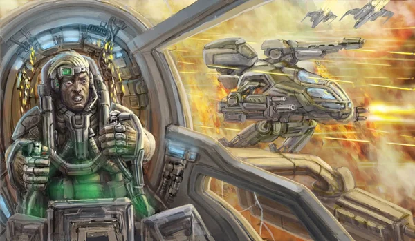 Der Pilot des Kampfroboters kämpft. Science-Fiction Clip Art. — Stockfoto