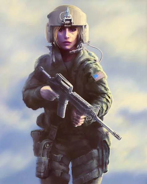 De soldaat van de vrouw in een helm en met een pistool in hun handen. Geschilderd — Stockfoto