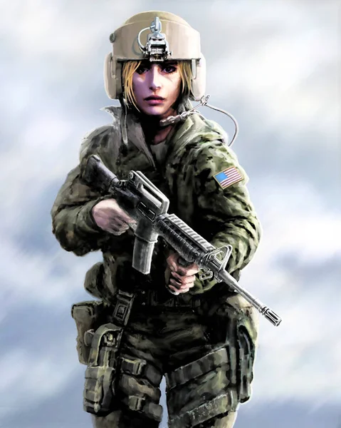 Chica guerrera en un casco y con rifle de asalto en sus manos . —  Fotos de Stock