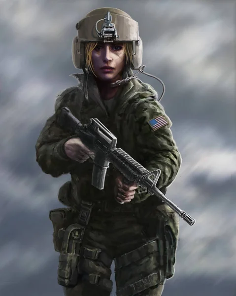 Weibliche Figur in Militäruniform und Helmpilot mit Waffe. Zeichnung Illustration. — Stockfoto