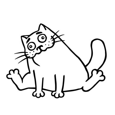 Sarhoş karikatür mutlu şişko kedi. İzole vektör çizim.