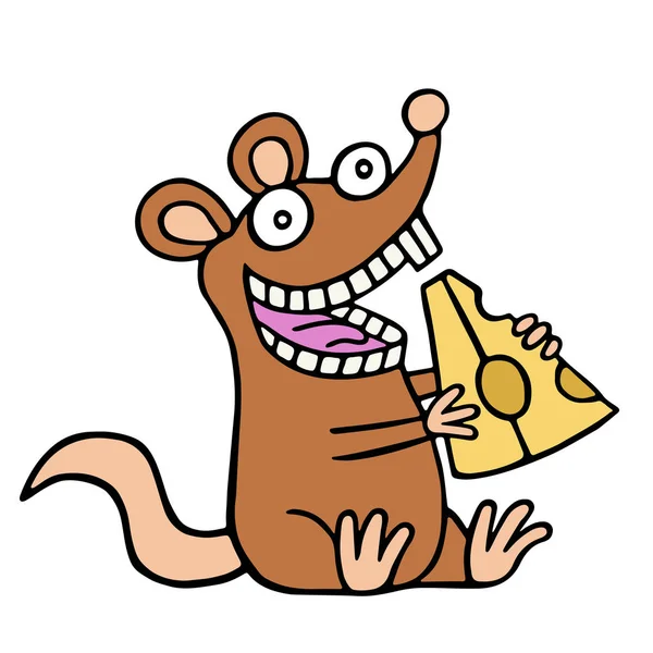 Rata graciosa comiendo un trozo de queso. Ilustración vectorial . — Vector de stock