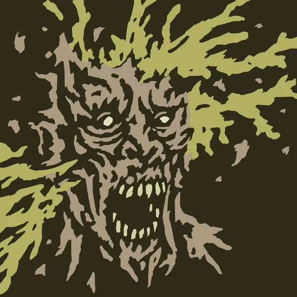 Zombie disparo en la cabeza con cerebros voladores y fragmentos del cráneo. Ilustración vectorial . — Vector de stock